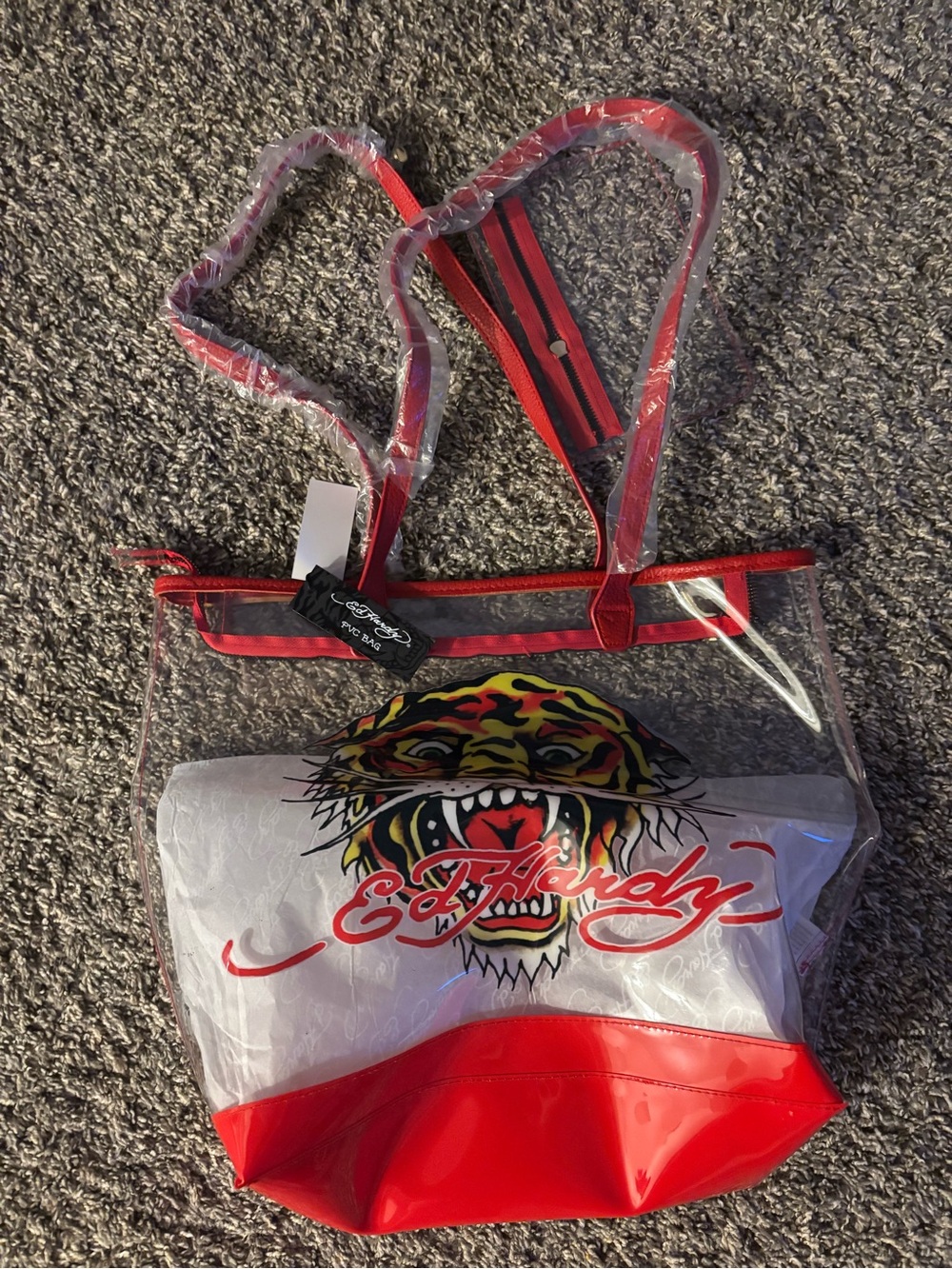 Ed Hardy Clear Tote Bag with Red Trim and Tiger Graphic